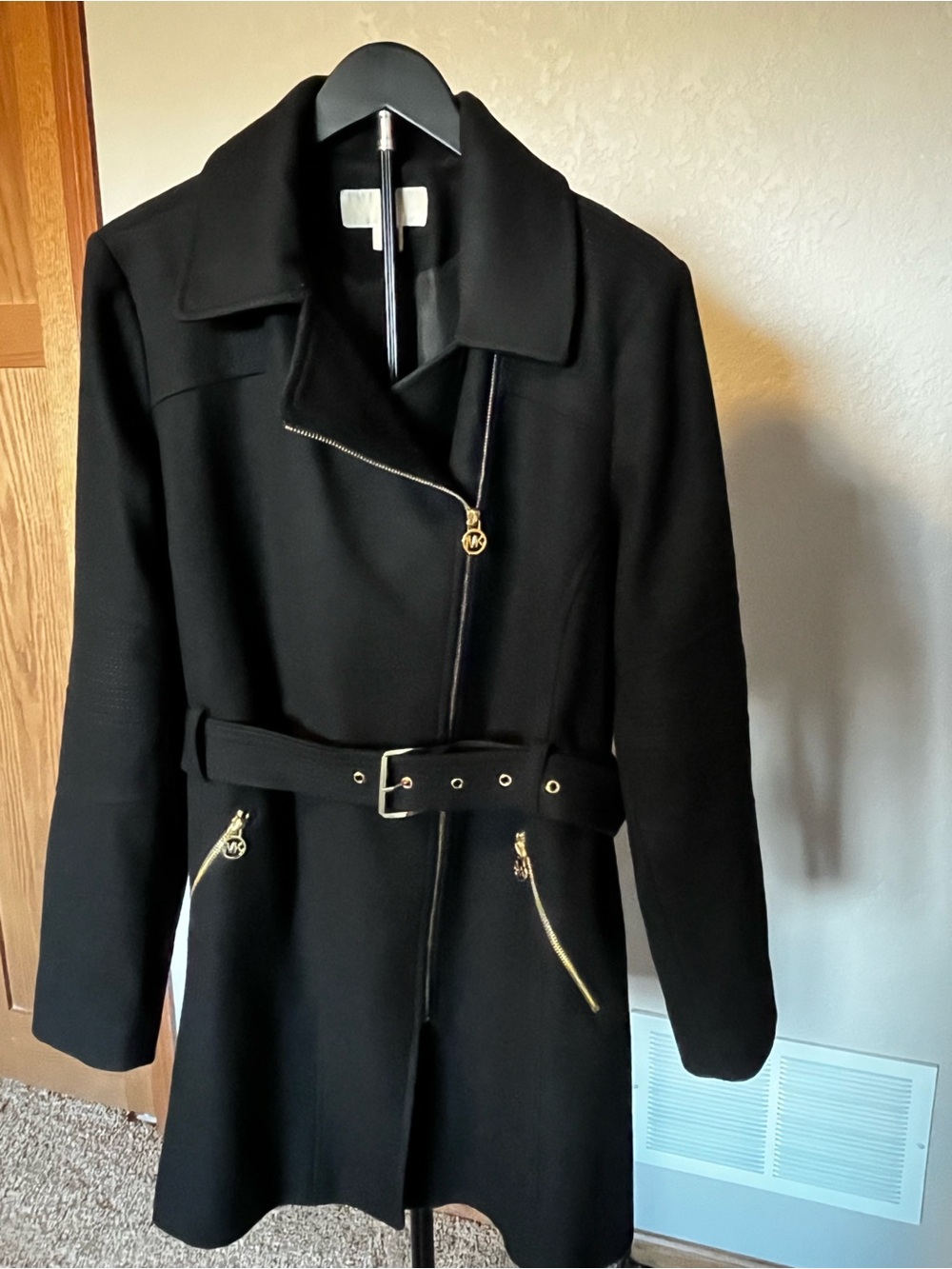 Michael Kors XL Black Belted Asymmetrical Zip Wool Blend Coat Gold Hardware